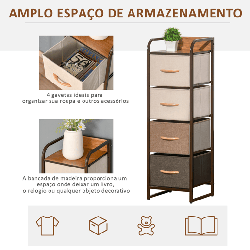 HOMCOM Cómoda com 4 Gavetas de Tecido Dobráveis, Cómoda Estreita para Quarto com Estrutura Metálica, Móvel para Espaços Pequenos, Sala de Estar, Closet, Casa de Banho, Multicolorida