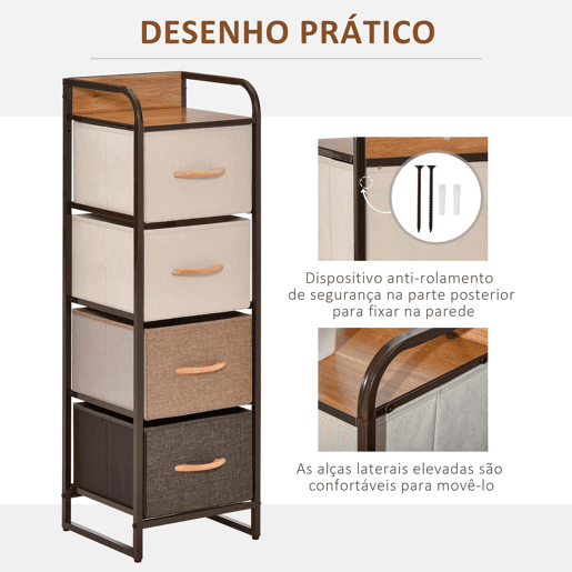 HOMCOM Cómoda com 4 Gavetas de Tecido Dobráveis, Cómoda Estreita para Quarto com Estrutura Metálica, Móvel para Espaços Pequenos, Sala de Estar, Closet, Casa de Banho, Multicolorida