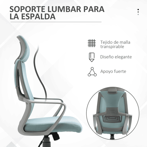 Vinsetto Cadeira de escritório ergonômica Cadeira de mesa inclinável ajustável em altura com encosto de braço Encosto de cabeça 5 rodas Suporta até 120 kg 64x58x116-126 cm Azul