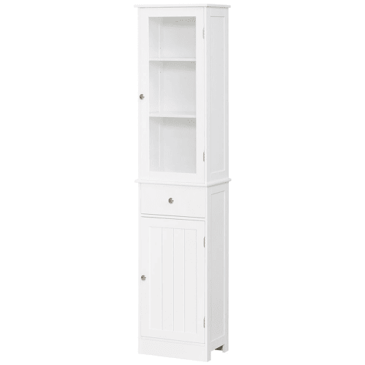 Kleankin Armário Alto para Casa de Banho Móvel Auxiliar de Banheiro de Estilo Moderno com 2 Portas Prateleiras Ajustáveis e 1 Gaveta 40x27x171,5cm Branco
