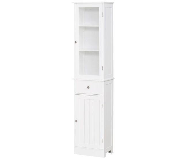 Kleankin armario de baño alto, armario de almacenaje delgado, con estantes ajustables, cajón, para espacios pequeños, moderno, 40x27x171,5 cm, blanco