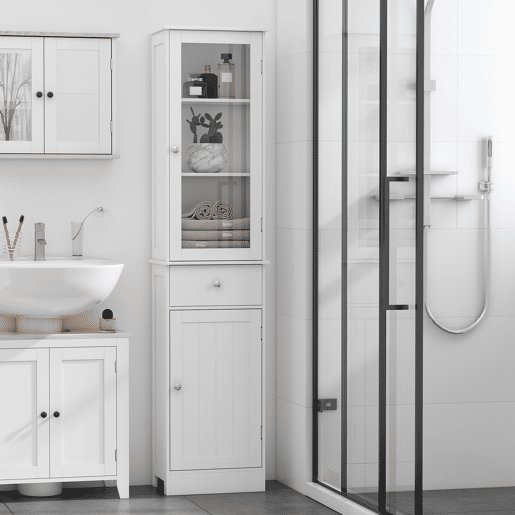 Kleankin Armário Alto para Casa de Banho Móvel Auxiliar de Banheiro de Estilo Moderno com 2 Portas Prateleiras Ajustáveis e 1 Gaveta 40x27x171,5cm Branco