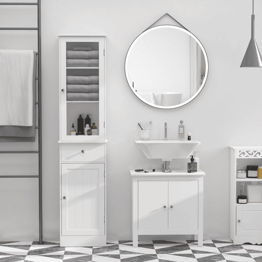 Kleankin Armário Alto para Casa de Banho Móvel Auxiliar de Banheiro de Estilo Moderno com 2 Portas Prateleiras Ajustáveis e 1 Gaveta 40x27x171,5cm Branco
