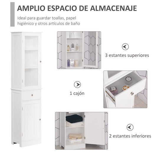 Kleankin Armário Alto para Casa de Banho Móvel Auxiliar de Banheiro de Estilo Moderno com 2 Portas Prateleiras Ajustáveis e 1 Gaveta 40x27x171,5cm Branco