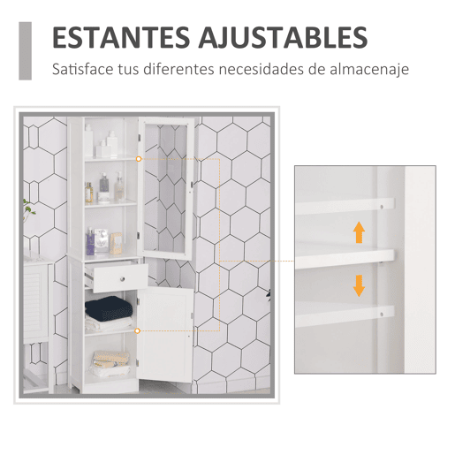 Kleankin Armário Alto para Casa de Banho Móvel Auxiliar de Banheiro de Estilo Moderno com 2 Portas Prateleiras Ajustáveis e 1 Gaveta 40x27x171,5cm Branco