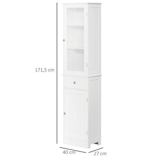 Kleankin Armário Alto para Casa de Banho Móvel Auxiliar de Banheiro de Estilo Moderno com 2 Portas Prateleiras Ajustáveis e 1 Gaveta 40x27x171,5cm Branco