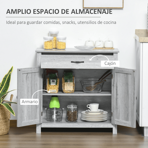 HOMCOM Aparador de Cozinha com 1 Gaveta e Prateleira Interior Ajustável Móvel Auxiliar Decorativo para Sala de Jantar Sala de Estar 80x39,7x80cm Cinza