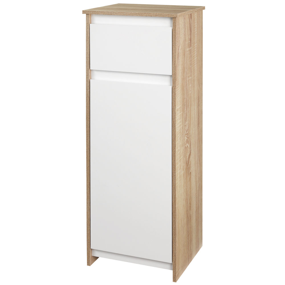 Kleankin armario auxiliar de baño con 1 cajón y 1 puerta mueble auxiliar de baño para salón aseo dormitorio estilo moderno antivuelco 32,6x30x90 cm blanco y natural