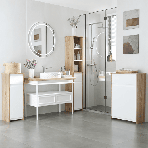 Kleankin Armário Casa de Banho Baixo Armário de Madeira com Gavetas e 2 Prateleiras para Sala de Estar Dormitório Cozinha 32,6x30x90cm Natural e Branco
