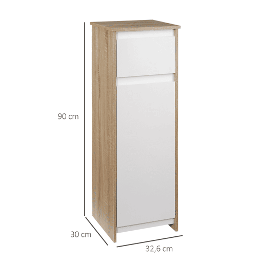 Kleankin Armário Casa de Banho Baixo Armário de Madeira com Gavetas e 2 Prateleiras para Sala de Estar Dormitório Cozinha 32,6x30x90cm Natural e Branco