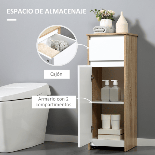Kleankin Armário Casa de Banho Baixo Armário de Madeira com Gavetas e 2 Prateleiras para Sala de Estar Dormitório Cozinha 32,6x30x90cm Natural e Branco