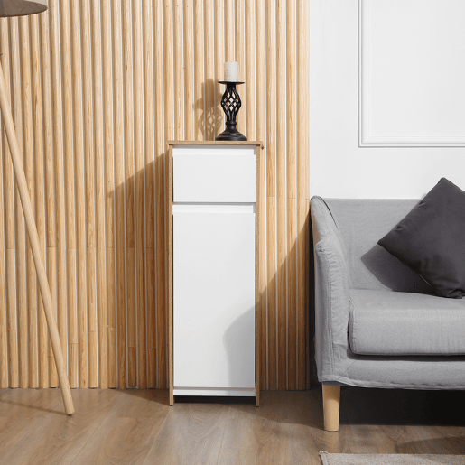 Kleankin Armário Casa de Banho Baixo Armário de Madeira com Gavetas e 2 Prateleiras para Sala de Estar Dormitório Cozinha 32,6x30x90cm Natural e Branco