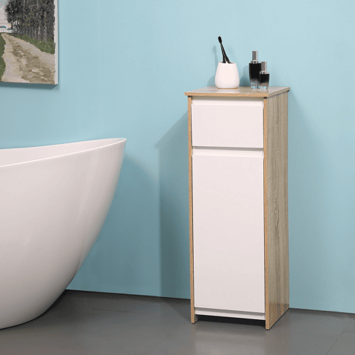 Kleankin Armário Casa de Banho Baixo Armário de Madeira com Gavetas e 2 Prateleiras para Sala de Estar Dormitório Cozinha 32,6x30x90cm Natural e Branco