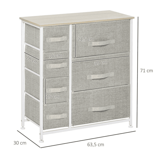 HOMCOM Cómoda com 7 Gavetas de Tecido Cómoda de Armazenamento Multifuncional para Dormitório Sala de Estar Corredor 63,5x30x71cm Cinza