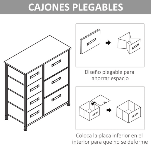 HOMCOM Cómoda com 7 Gavetas de Tecido Cómoda de Armazenamento Multifuncional para Dormitório Sala de Estar Corredor 63,5x30x71cm Cinza