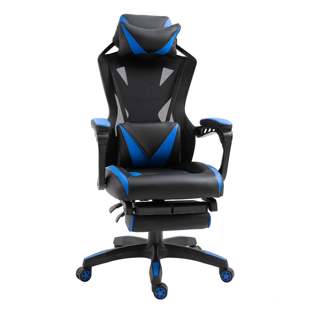 Vinsetto silla gaming ergonómica silla de escritorio para oficina con altura ajustable respaldo regulable de 170° almohada lumbar y reposapiés retráctil 65x70x117-125 cm azul