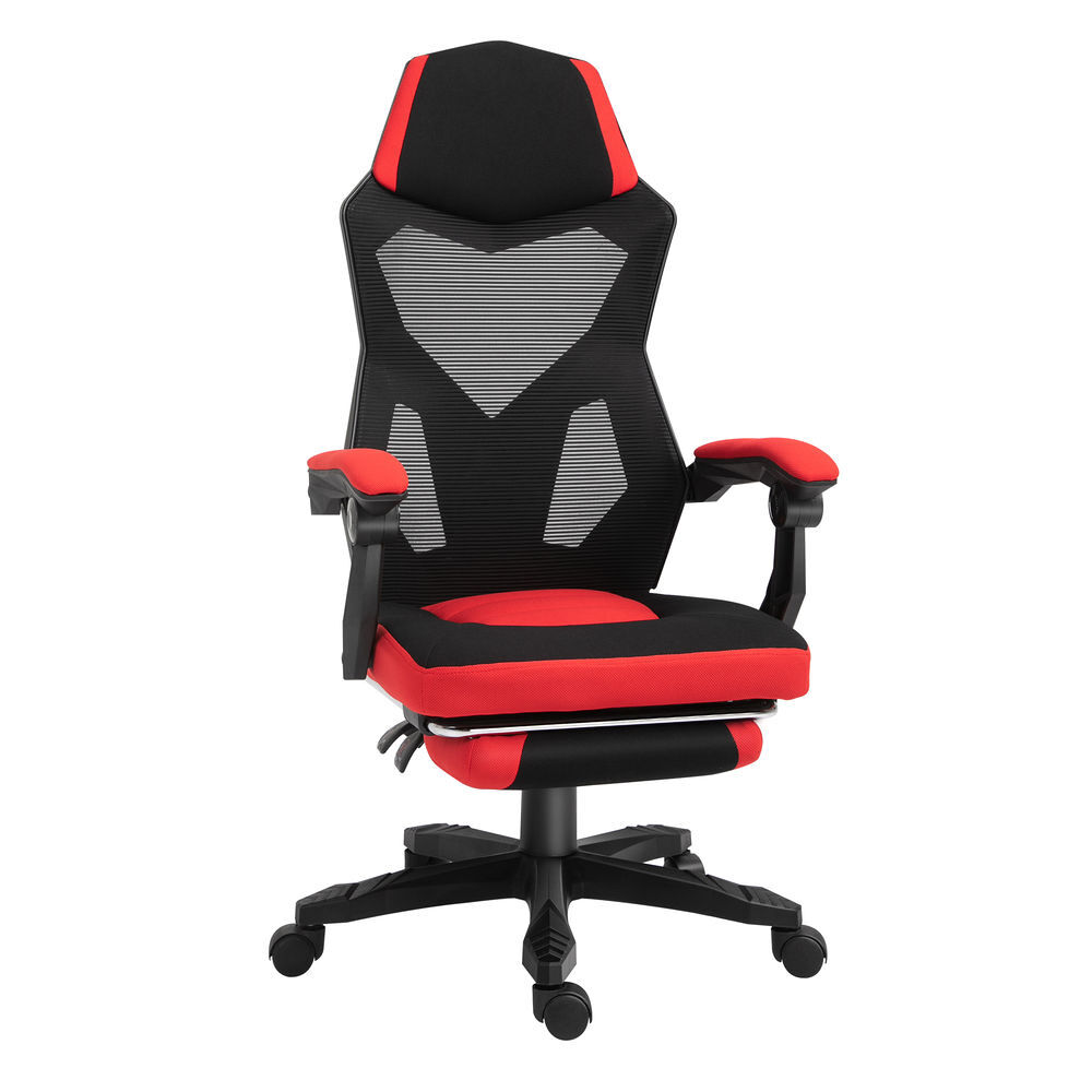 Vinsetto silla gaming giratoria de malla, silla gamer con reposapiés retráctil, respaldo reclinable y alto, altura ajustable, reposabrazos acolchados, rojo