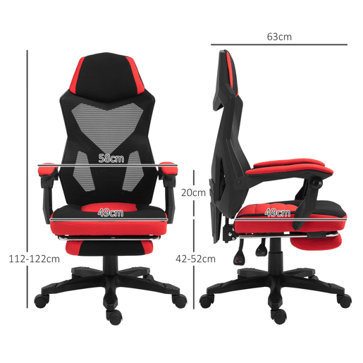 Vinsetto Cadeira de escritório ergonômica ajustável em altura giratória de 360 u200Bu200B° Reclinável até 135 graus comapoio de braços Apoio para os pés retrátil 58x72x108-118 cm Vermelho
