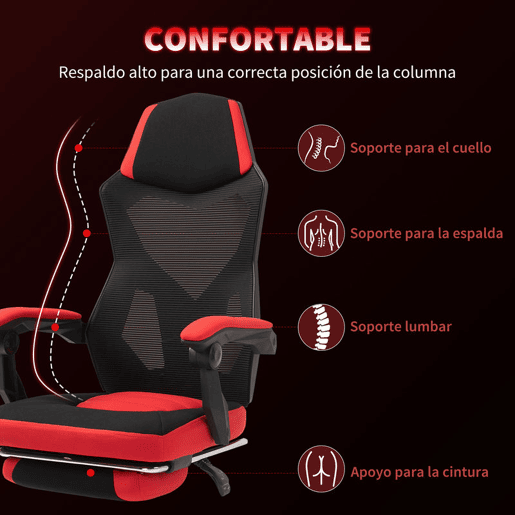 Vinsetto Cadeira de escritório ergonômica ajustável em altura giratória de 360 u200Bu200B° Reclinável até 135 graus comapoio de braços Apoio para os pés retrátil 58x72x108-118 cm Vermelho