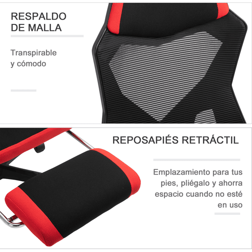Vinsetto Cadeira de escritório ergonômica ajustável em altura giratória de 360 u200Bu200B° Reclinável até 135 graus comapoio de braços Apoio para os pés retrátil 58x72x108-118 cm Vermelho