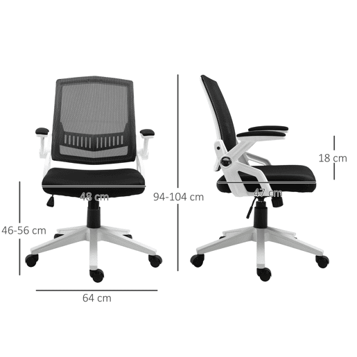 Vinsetto Cadeira de Escritório Ergonômica Cadeira de Escritório Basculante com Altura Ajustável Apoio para o Braço Dobrável Suporte Lombar e Malha Transpirável 61x61x94-104cm Preto