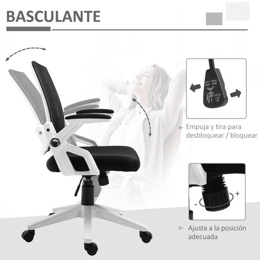 Vinsetto Cadeira de Escritório Ergonômica Cadeira de Escritório Basculante com Altura Ajustável Apoio para o Braço Dobrável Suporte Lombar e Malha Transpirável 61x61x94-104cm Preto