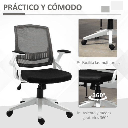 Vinsetto Cadeira de Escritório Ergonômica Cadeira de Escritório Basculante com Altura Ajustável Apoio para o Braço Dobrável Suporte Lombar e Malha Transpirável 61x61x94-104cm Preto