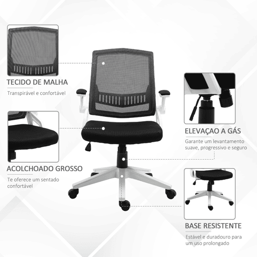 Vinsetto Cadeira de Escritório Ergonômica Cadeira de Escritório Basculante com Altura Ajustável Apoio para o Braço Dobrável Suporte Lombar e Malha Transpirável 61x61x94-104cm Preto