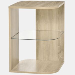 HOMCOM Mesa Auxiliar Moderna Mesa de Cabeceira com 3 Prateleiras 1 de Vidro para Sala de Estar Dormitório 40x40x56cm Madeira Natural