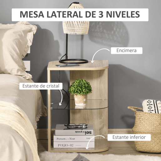 HOMCOM Mesa Auxiliar Moderna Mesa de Cabeceira com 3 Prateleiras 1 de Vidro para Sala de Estar Dormitório 40x40x56cm Madeira Natural