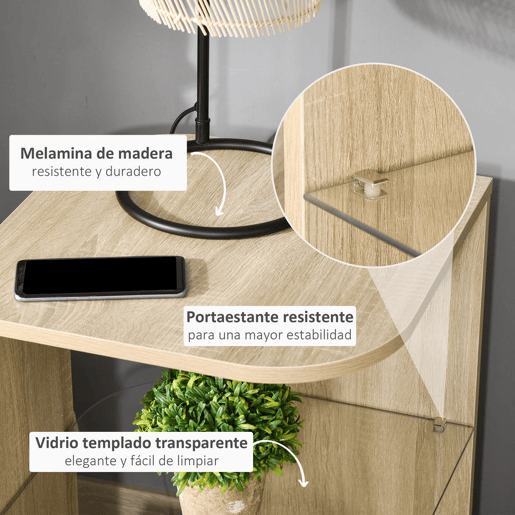 HOMCOM Mesa Auxiliar Moderna Mesa de Cabeceira com 3 Prateleiras 1 de Vidro para Sala de Estar Dormitório 40x40x56cm Madeira Natural
