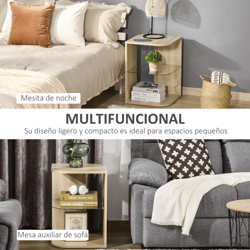 HOMCOM Mesa Auxiliar Moderna Mesa de Cabeceira com 3 Prateleiras 1 de Vidro para Sala de Estar Dormitório 40x40x56cm Madeira Natural