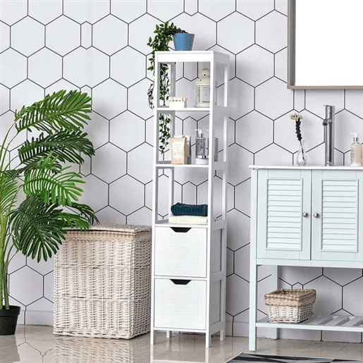 Kleankin Armário de banheiro alto Multiuso Armário da coluna 3 prateleiras abertas e 2 gavetas de armazenamento 30x30x144 cm Branco