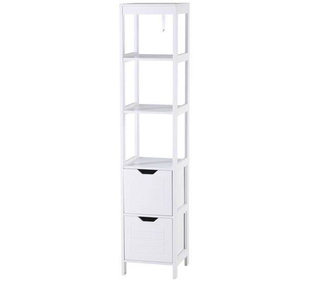 Kleankin armario alto de baño multiusos mueble columna con 3 estantes abiertos y 2 cajones de almacenaje diseño antivuelco 30x30x144 cm blanco