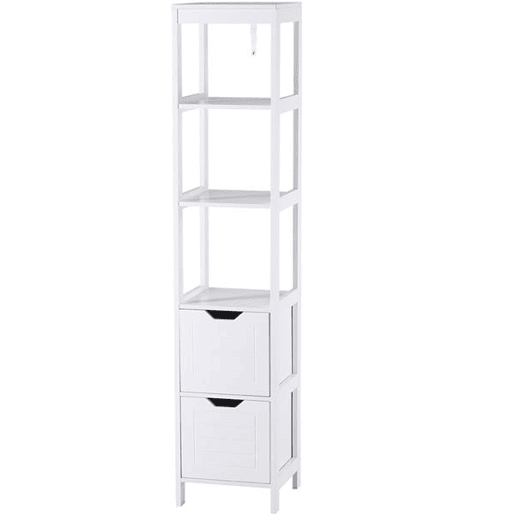 Kleankin Armário de banheiro alto Multiuso Armário da coluna 3 prateleiras abertas e 2 gavetas de armazenamento 30x30x144 cm Branco