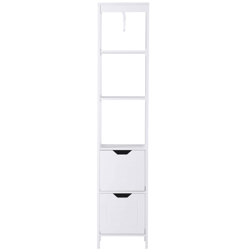 Kleankin Armário de banheiro alto Multiuso Armário da coluna 3 prateleiras abertas e 2 gavetas de armazenamento 30x30x144 cm Branco