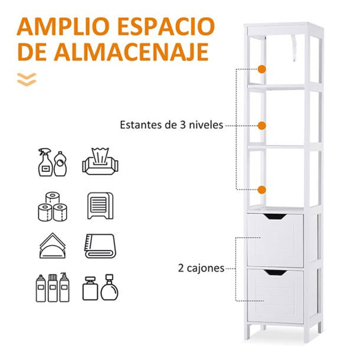 Kleankin Armário de banheiro alto Multiuso Armário da coluna 3 prateleiras abertas e 2 gavetas de armazenamento 30x30x144 cm Branco