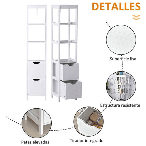Kleankin Armário de banheiro alto Multiuso Armário da coluna 3 prateleiras abertas e 2 gavetas de armazenamento 30x30x144 cm Branco