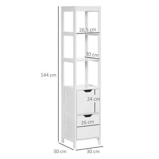 Kleankin Armário de banheiro alto Multiuso Armário da coluna 3 prateleiras abertas e 2 gavetas de armazenamento 30x30x144 cm Branco