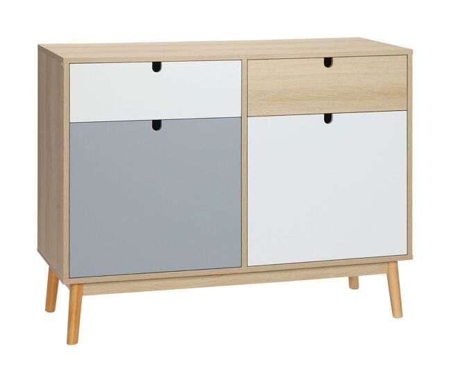 Homcom aparador auxiliar mueble de almacenamiento de salón con 2 armarios cerrados y 2 cajones patas elevadas de madera de pino para cocina dormitorio entrada 100x40x79,5 cm multicolor