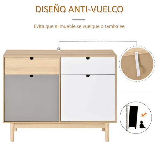 HOMCOM Aparador Auxiliar Móvel de Armazenamento com 2 Armários Fechados e 2 Gavetas Pés Elevados de Madeira de Pinho para Cozinha Dormitório Entrada 100x40x79,5cm Branco Cinza Madeira
