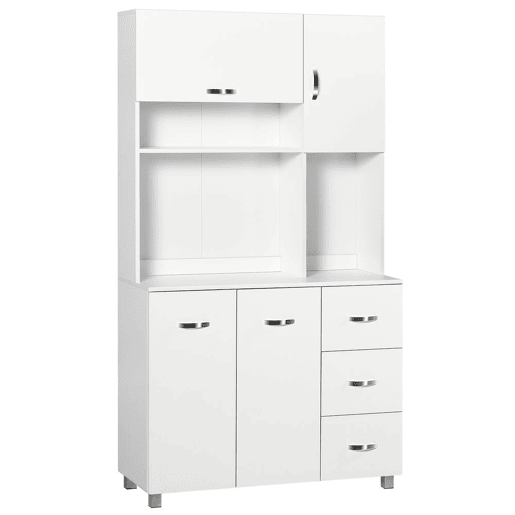 HOMCOM Armário de Cozinha Armário Alto com 3 Gavetas 4 Portas Prateleiras Interiores Ajustáveis e Pés Elevados Móvel Auxiliar para Sala de Jantar Sala de Estar 100x39,5x183,5cm Branco