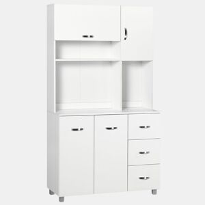 HOMCOM Armário de Cozinha Armário Alto com 3 Gavetas 4 Portas Prateleiras Interiores Ajustáveis e Pés Elevados Móvel Auxiliar para Sala de Jantar Sala de Estar 100x39,5x183,5cm Branco