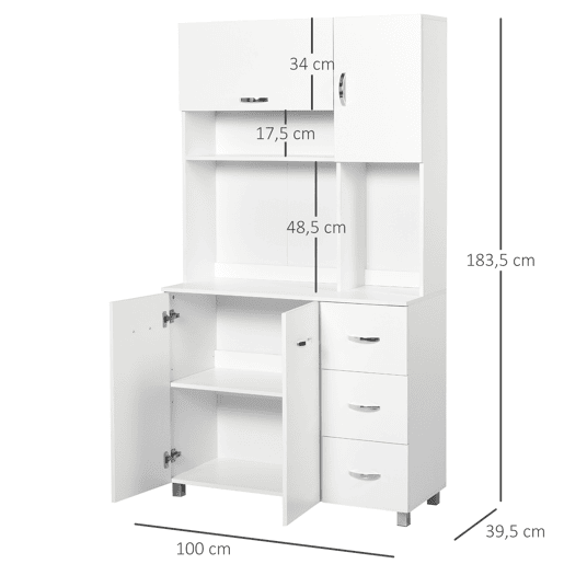 HOMCOM Armário de Cozinha Armário Alto com 3 Gavetas 4 Portas Prateleiras Interiores Ajustáveis e Pés Elevados Móvel Auxiliar para Sala de Jantar Sala de Estar 100x39,5x183,5cm Branco