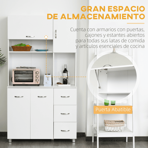 HOMCOM Armário de Cozinha Armário Alto com 3 Gavetas 4 Portas Prateleiras Interiores Ajustáveis e Pés Elevados Móvel Auxiliar para Sala de Jantar Sala de Estar 100x39,5x183,5cm Branco