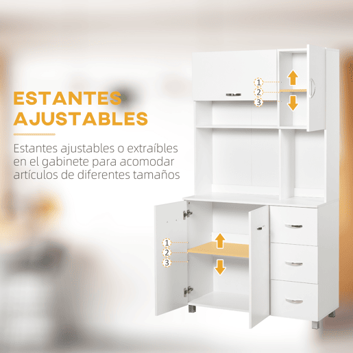 HOMCOM Armário de Cozinha Armário Alto com 3 Gavetas 4 Portas Prateleiras Interiores Ajustáveis e Pés Elevados Móvel Auxiliar para Sala de Jantar Sala de Estar 100x39,5x183,5cm Branco