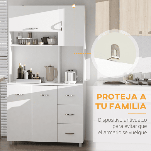 HOMCOM Armário de Cozinha Armário Alto com 3 Gavetas 4 Portas Prateleiras Interiores Ajustáveis e Pés Elevados Móvel Auxiliar para Sala de Jantar Sala de Estar 100x39,5x183,5cm Branco
