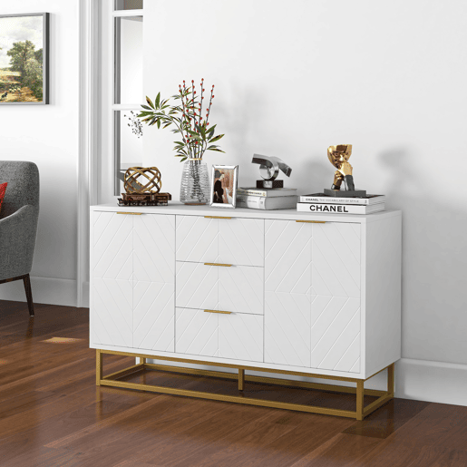 HOMCOM Aparador Auxiliar Armário de Armazenamento com 3 Gavetas e 2 Armários com Porta Prateleira Ajustável para Sala de Estar Cozinha 120x40x76 cm Branco