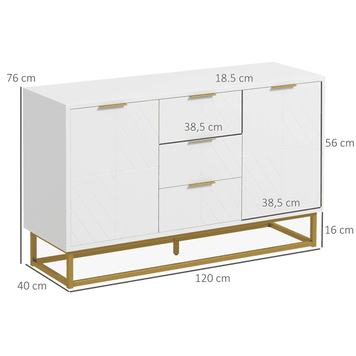 HOMCOM Aparador Auxiliar Armário de Armazenamento com 3 Gavetas e 2 Armários com Porta Prateleira Ajustável para Sala de Estar Cozinha 120x40x76 cm Branco