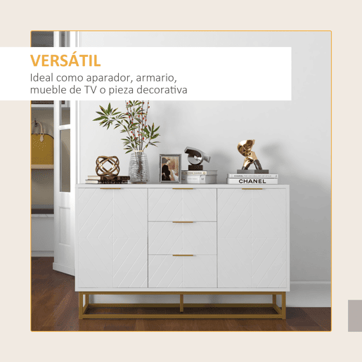 HOMCOM Aparador Auxiliar Armário de Armazenamento com 3 Gavetas e 2 Armários com Porta Prateleira Ajustável para Sala de Estar Cozinha 120x40x76 cm Branco
